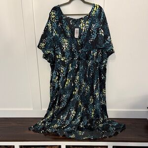 Torrid Size 6 Black Floral Dot V-Neck MIDI Dress with Teal & Yellow Accents